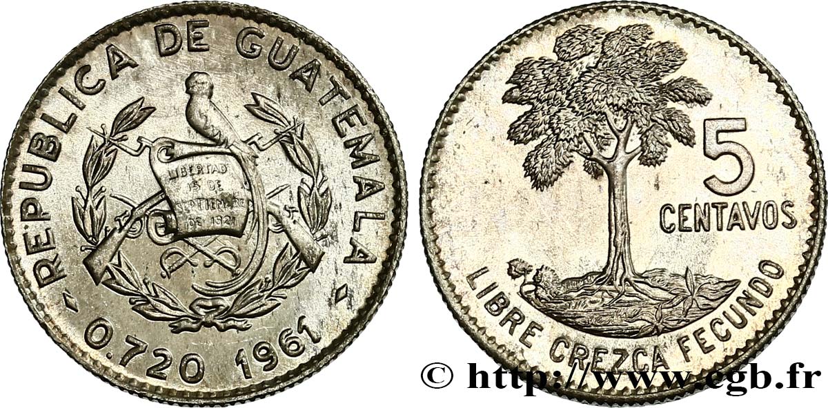GUATEMALA 5 Centavos emblème au quetzal 1961  ST 
