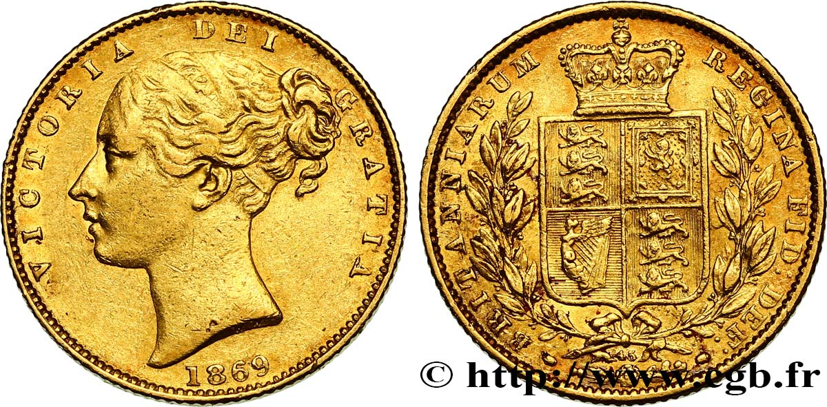 INVESTMENT GOLD Souverain Victoria buste jeune  1869 Londres XF/AU 