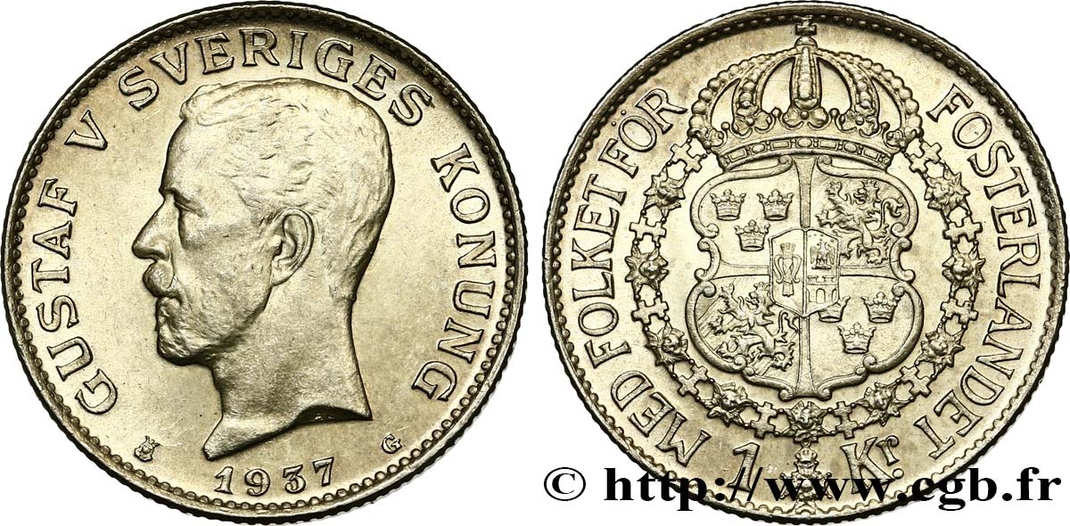 SWEDEN 1 Krona Gustave V 1937  MS 
