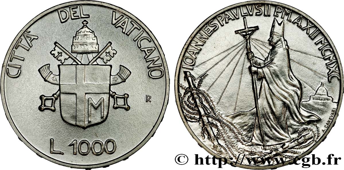 VATICAN ET ÉTATS PONTIFICAUX 1000 Lire Jean-Paul II an XII 1990 Rome SPL 