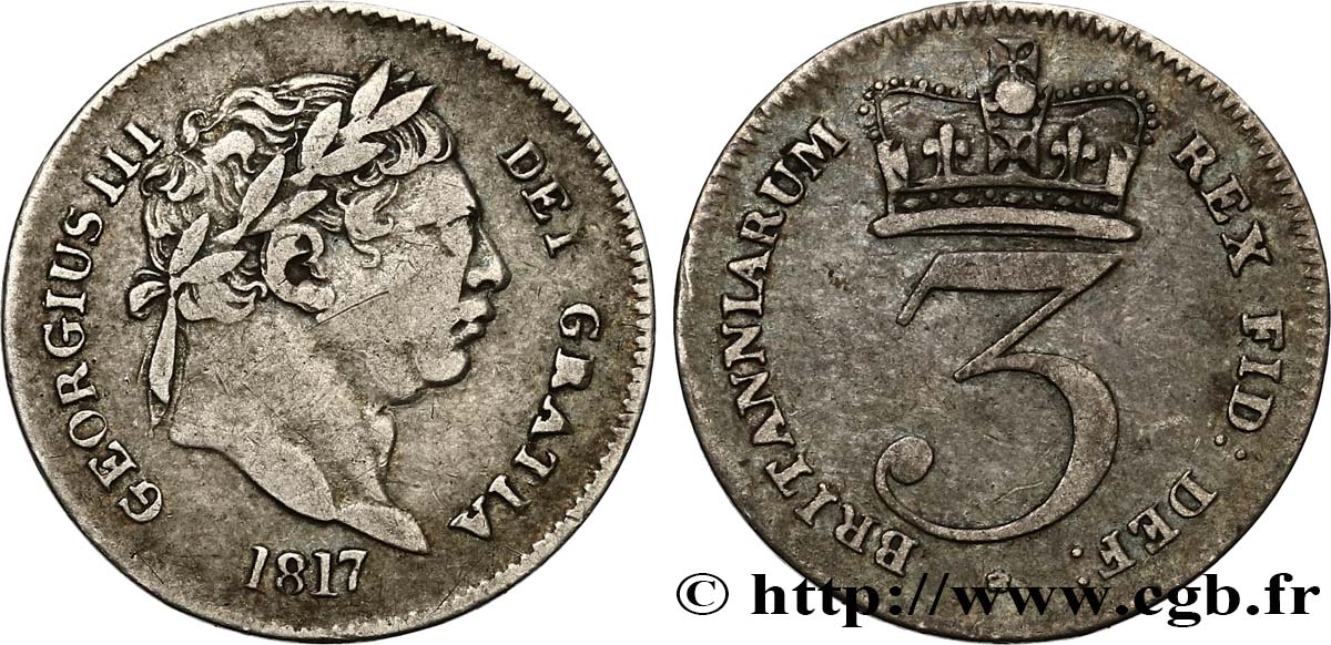 UNITED KINGDOM 3 Pence Georges III 1817  VF 