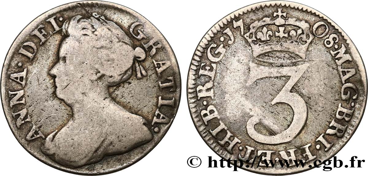 VEREINIGTEN KÖNIGREICH 3 Pence Anne 1708  S 