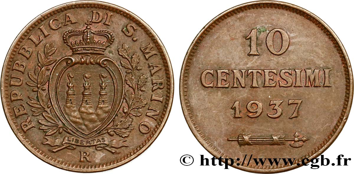 SAN MARINO 10 Centesimi 1937 Rome - R EBC 