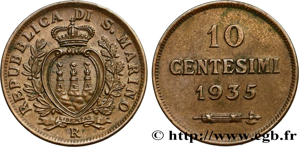 SAINT-MARIN 10 Centesimi écu aux trois tours 1935 Rome - R SUP 