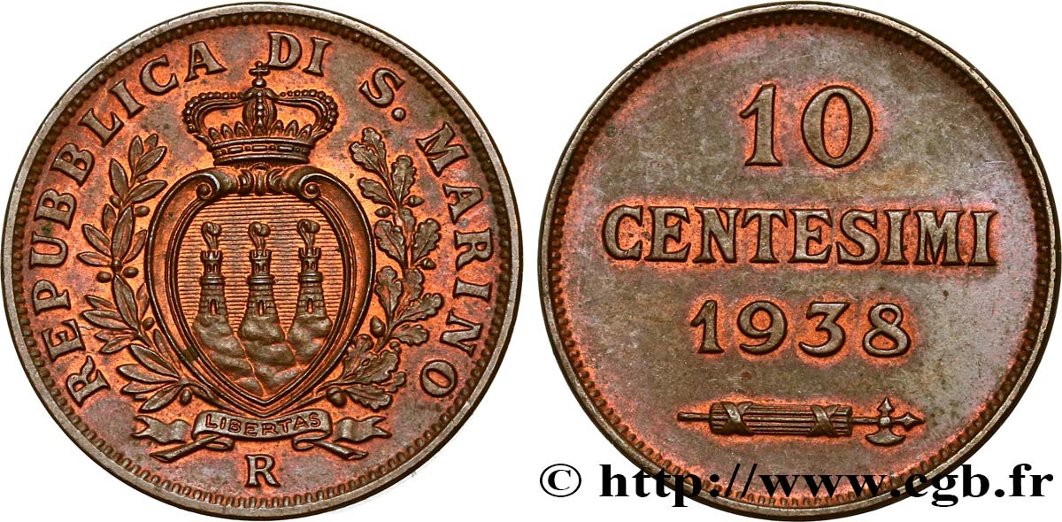 SAN MARINO 10 Centesimi 1938 Rome - R AU 