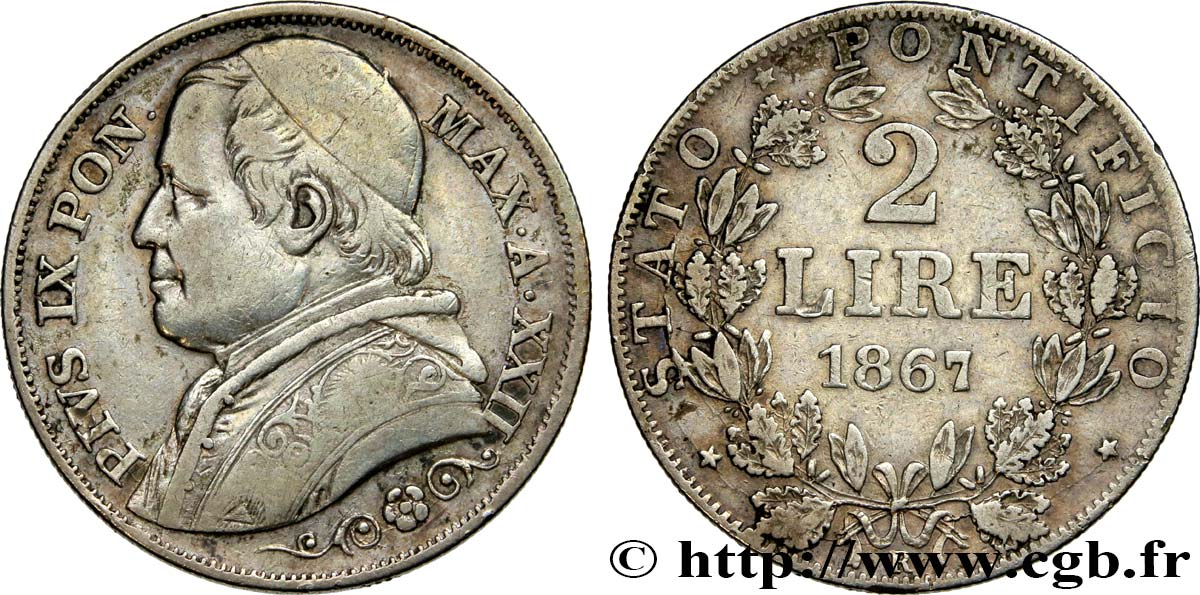 VATICAN ET ÉTATS PONTIFICAUX 2 Lire Pie IX an XXII 1867 Rome TTB 