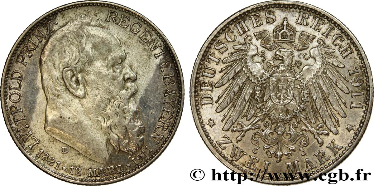 ALLEMAGNE - BAVIÈRE 2 Mark Léopold 1911 Munich TTB+ 