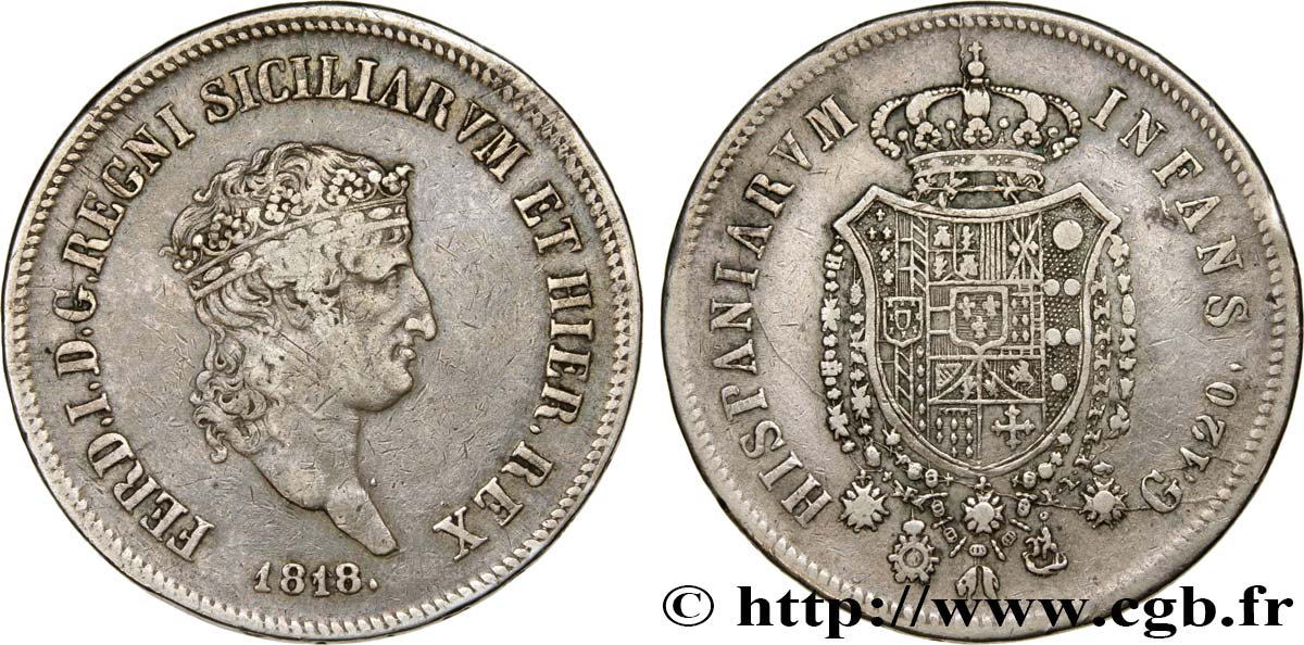 ITALIA - REINO DE LAS DOS SICILIAS 120 Grana Ferdinand Ier 1818 Naples MBC 