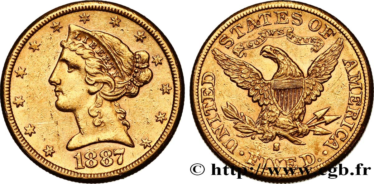 UNITED STATES OF AMERICA 5 Dollars  Liberty  1887 San Francisco AU 
