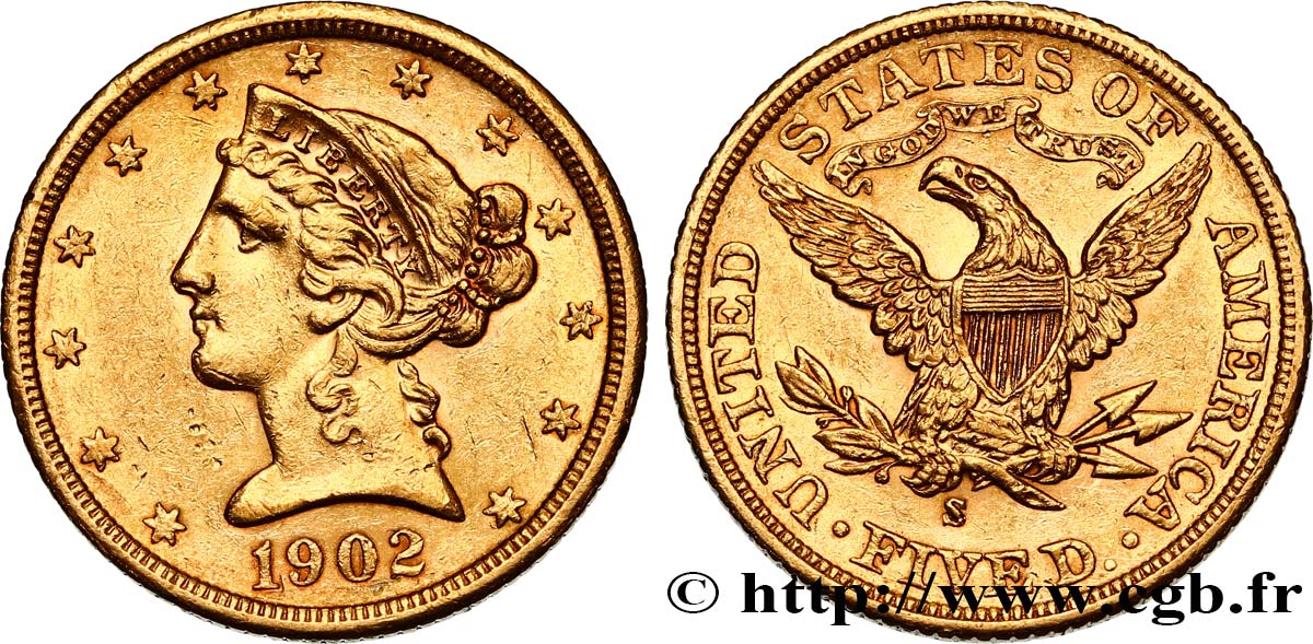 ÉTATS-UNIS D AMÉRIQUE 5 Dollars  Liberty  1902 San Francisco VZ 