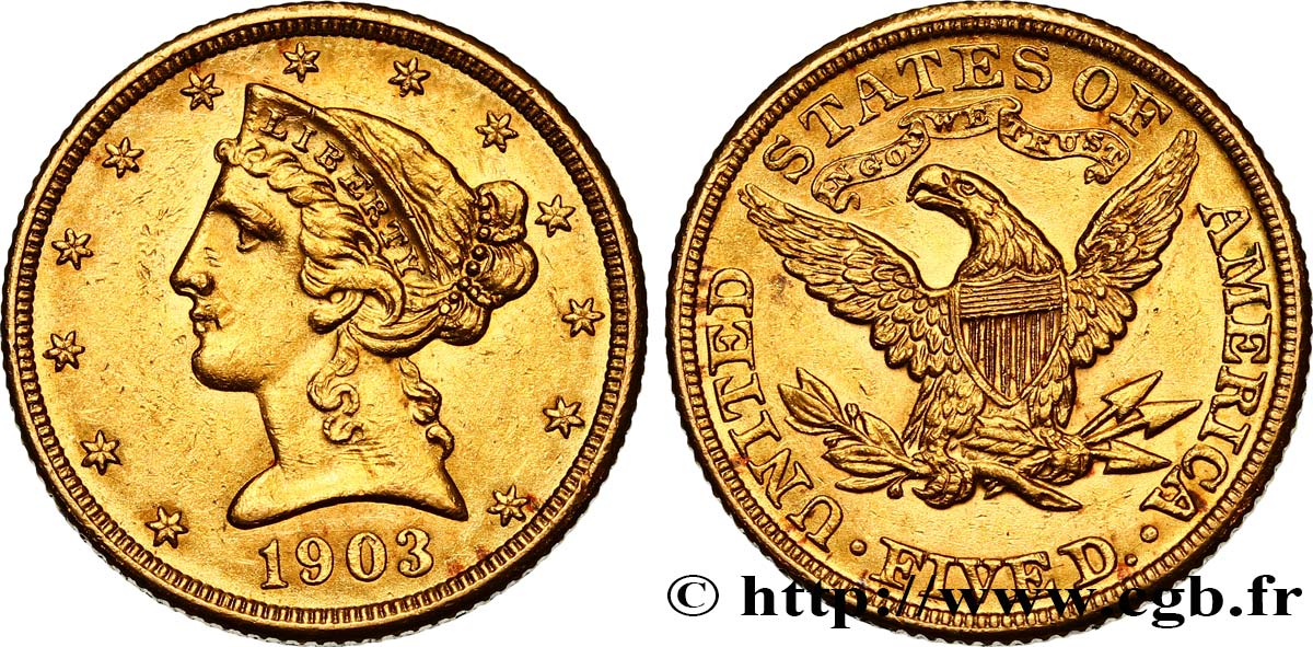 ÉTATS-UNIS D AMÉRIQUE 5 Dollars  Liberty  1903 Philadelphie VZ 