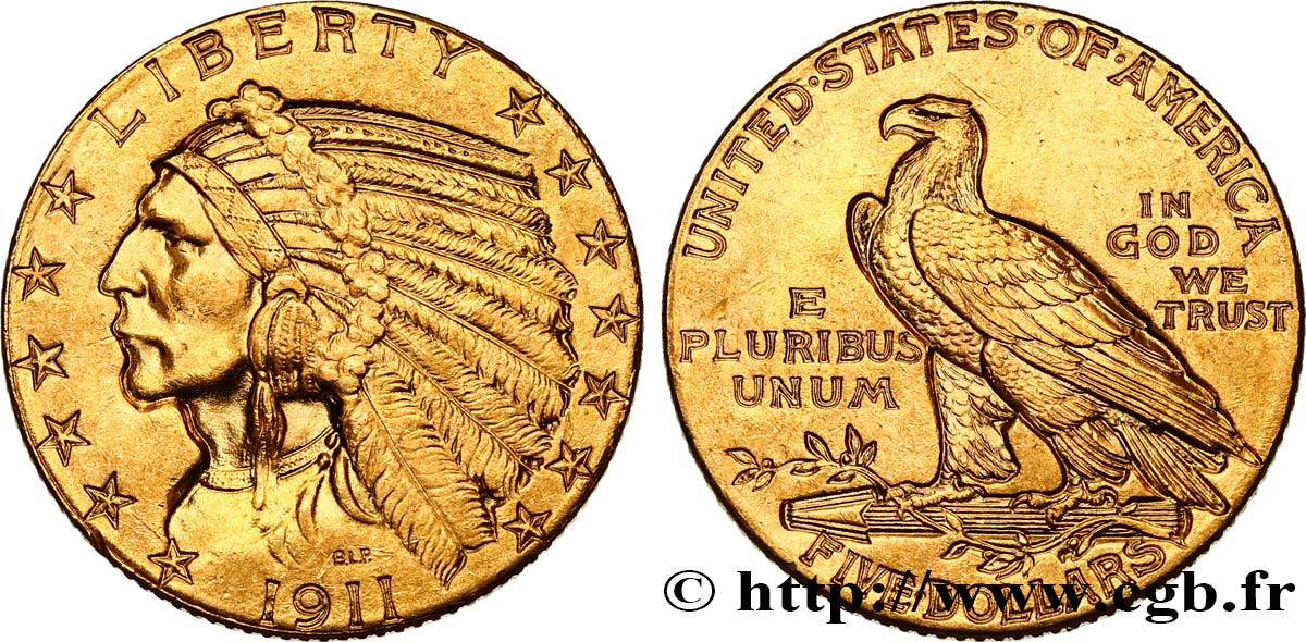 VEREINIGTE STAATEN VON AMERIKA 5 Dollars  Indian Head  1911 Philadelphie VZ 