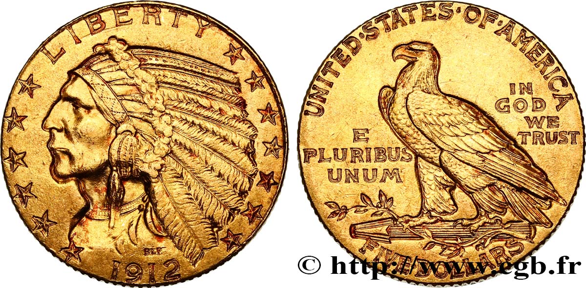 ÉTATS-UNIS D AMÉRIQUE 5 Dollars  Indian Head  1912 Philadelphie AU/AU 