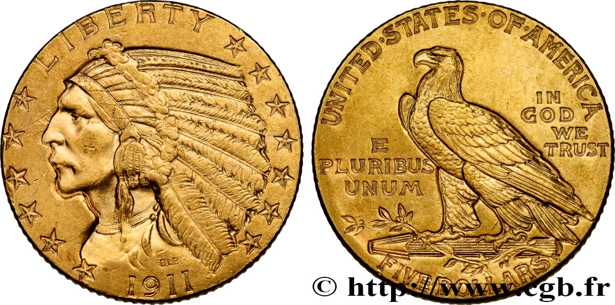 ÉTATS-UNIS D AMÉRIQUE 5 Dollars  Indian Head  1911 Philadelphie SUP 