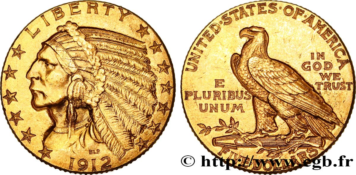 ÉTATS-UNIS D AMÉRIQUE 5 Dollars  Indian Head  1912 Philadelphie VZ/fVZ 
