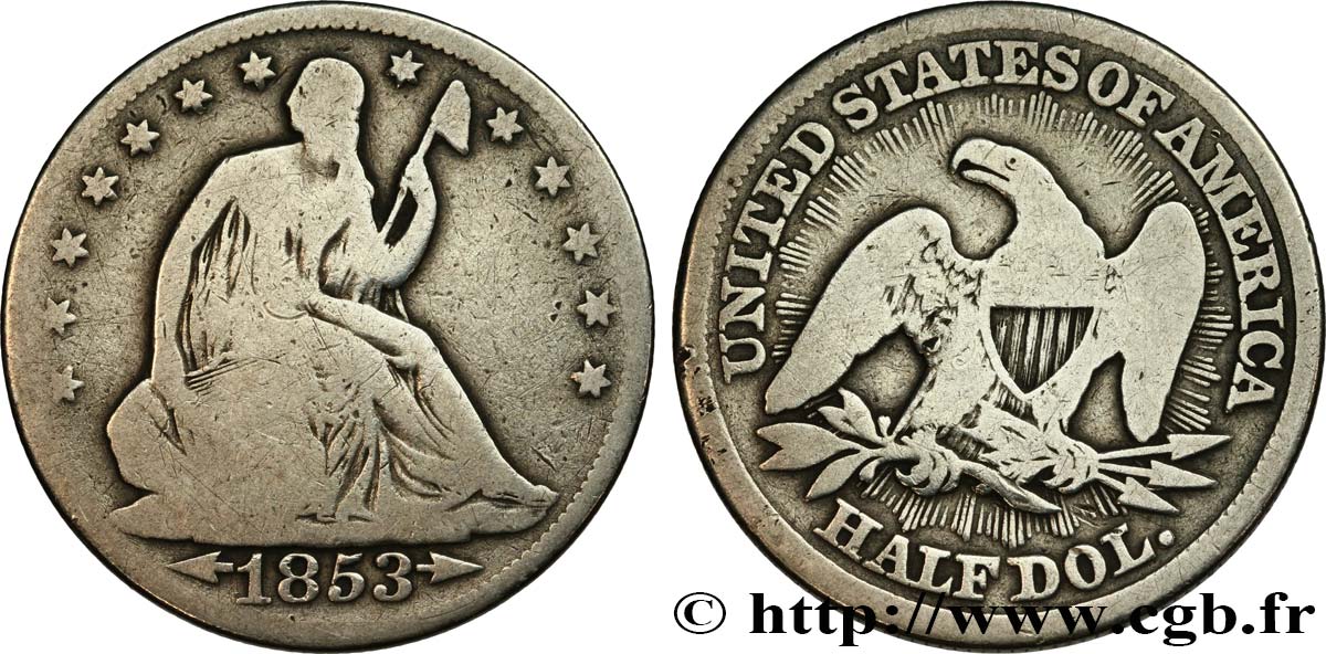 ÉTATS-UNIS D AMÉRIQUE 1/2 Dollar type Liberté assise 1853 Philadelphie B+ 