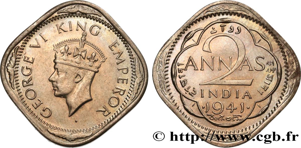 INDIA BRITANNICA 2 Annas Georges VI 1941 Calcutta MS 