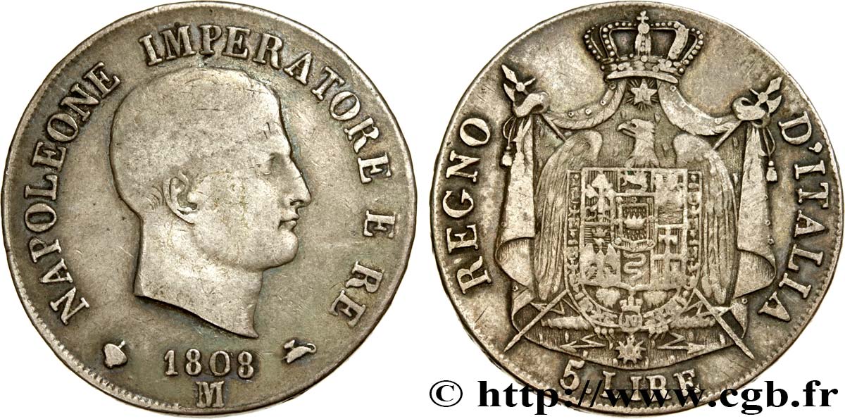 ITALY - KINGDOM OF ITALY - NAPOLEON I 5 Lire 1808 Milan F 