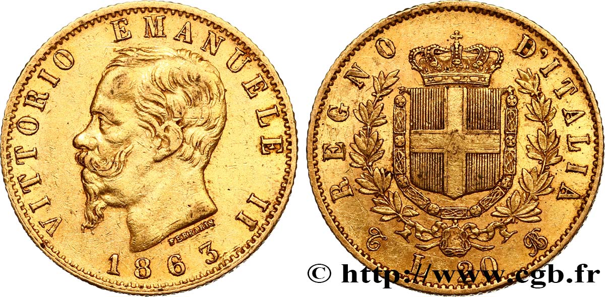 INVESTMENT GOLD 20 Lire Victor Emmanuel II 1863 Turin MBC 