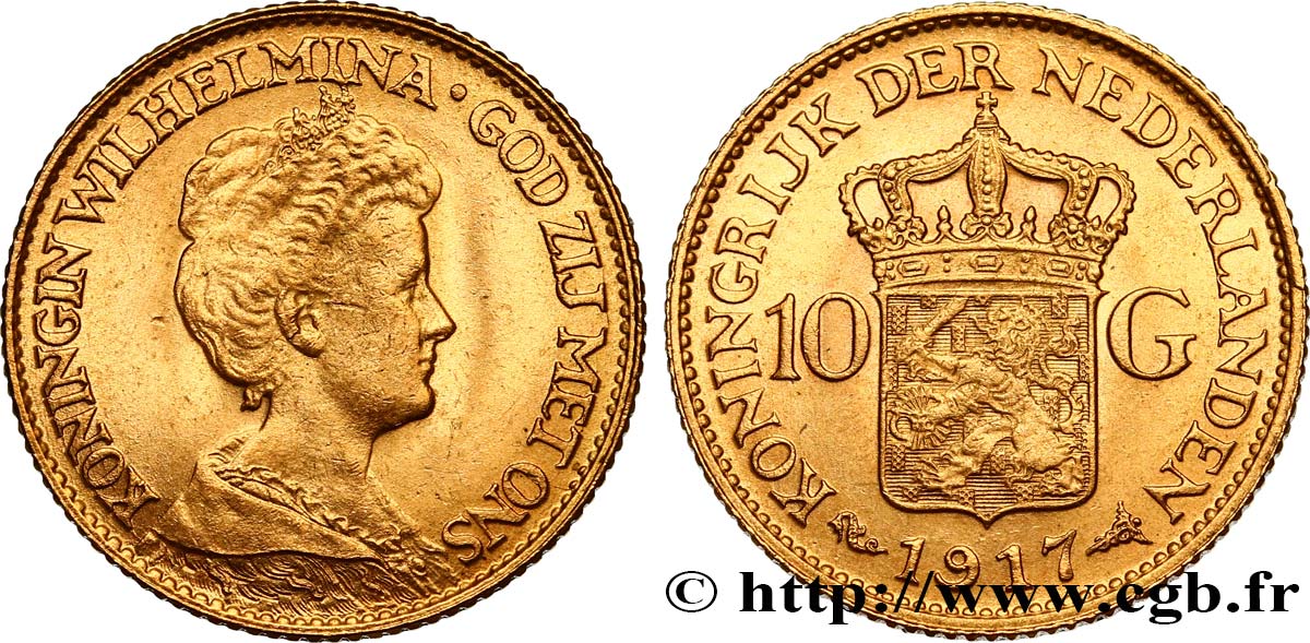 INVESTMENT GOLD 10 Gulden, 3e type Wilhelmina 1917 Utrecht VZ 