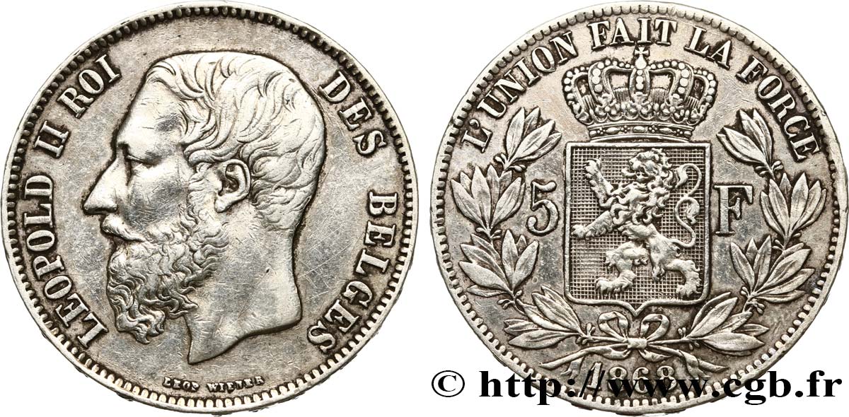 BELGIEN 5 Francs Léopold II 1868  fSS 