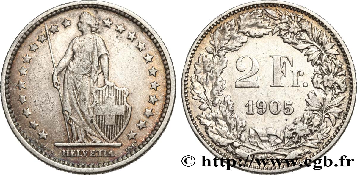 SUISSE 2 Francs Helvetia 1905 Berne - B TTB 
