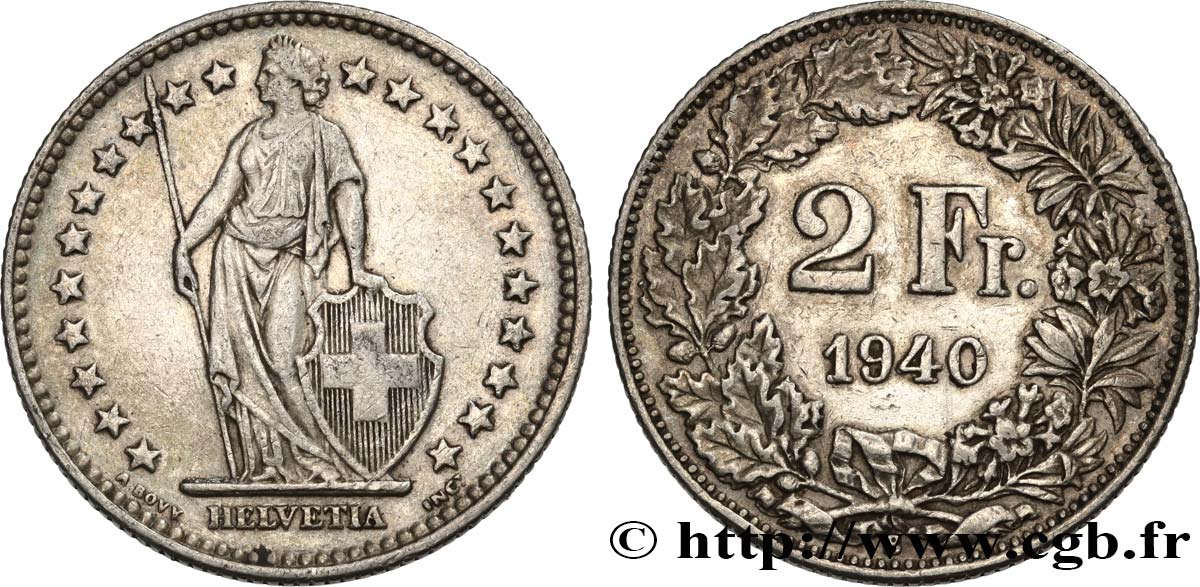 SCHWEIZ 2 Francs Helvetia 1940 Berne fVZ 