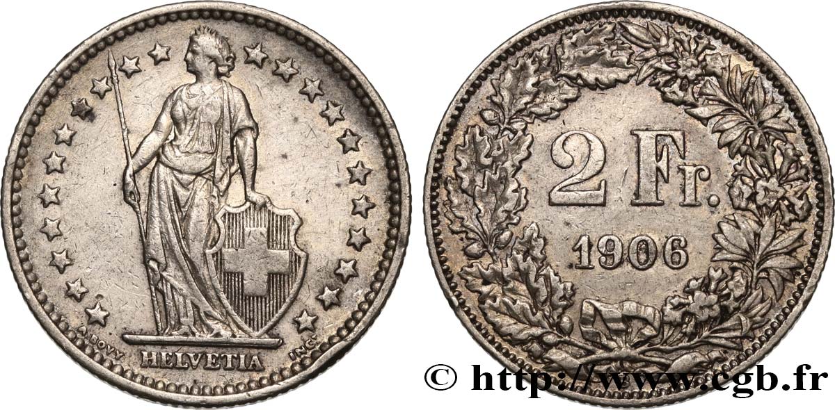 SWITZERLAND 2 Francs Helvetia 1906 Berne - B XF 