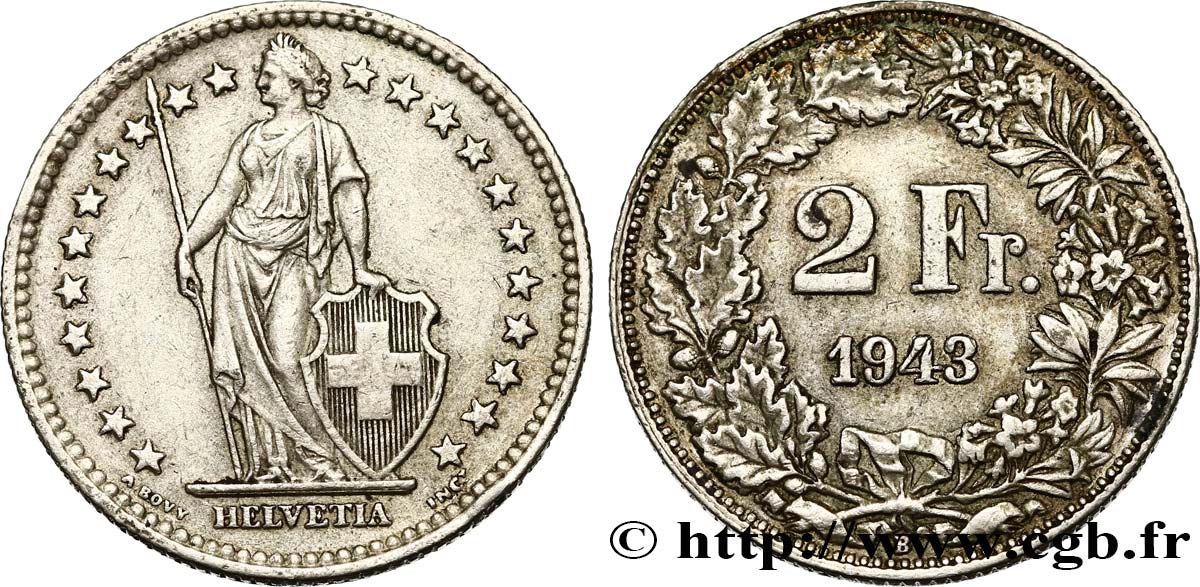 SVIZZERA  2 Francs Helvetia 1943 Berne BB 