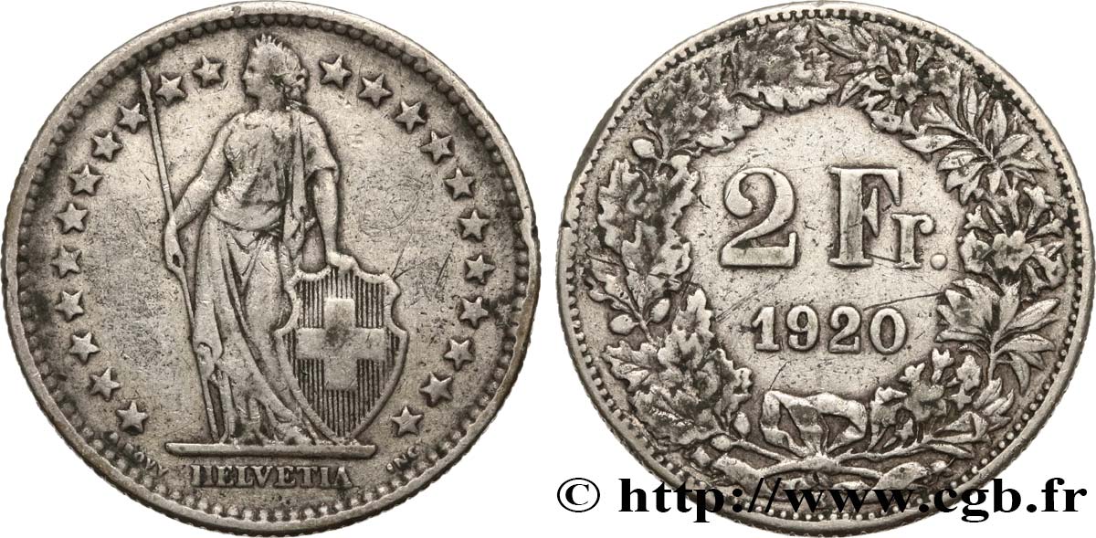 SWITZERLAND 2 Francs Helvetia 1920 Berne VF 