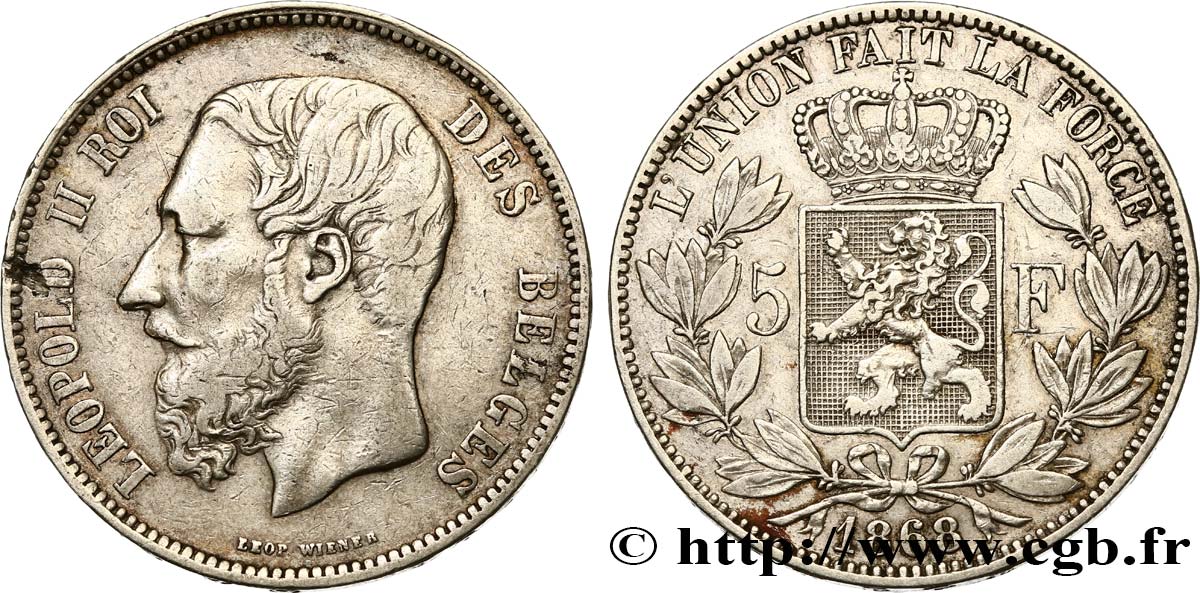 BÉLGICA 5 Francs Léopold II 1868  BC+ 