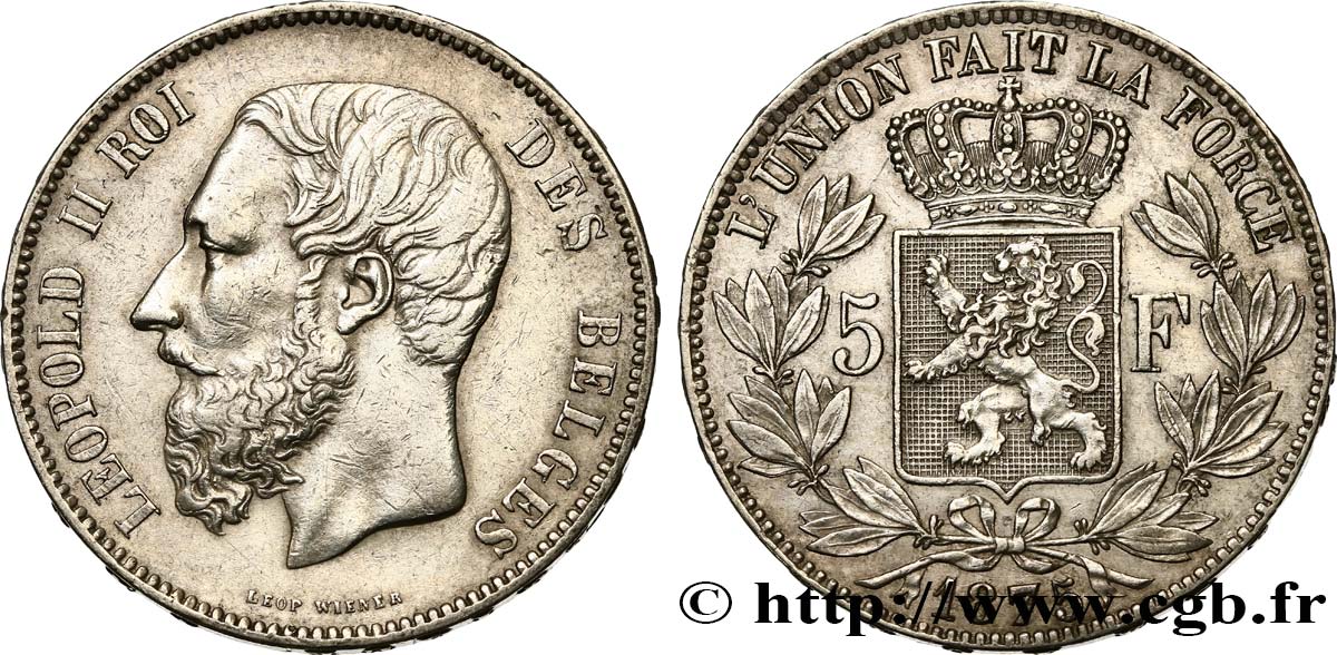 BELGIQUE 5 Francs Léopold II 1875  TTB 