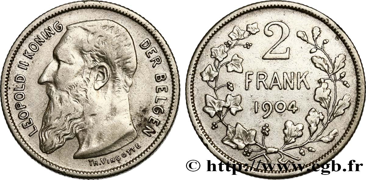 BELGIUM 2 Frank (Francs) Léopold II légende flamande 1904  VF 