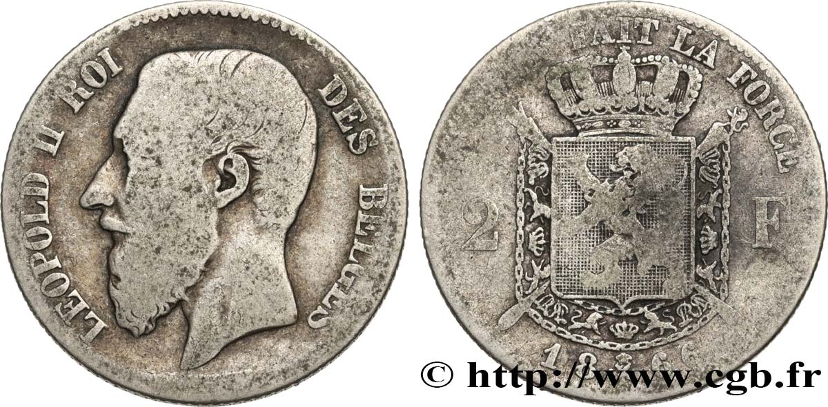 BELGIEN 2 Francs Léopold II légende française 1866  fS 