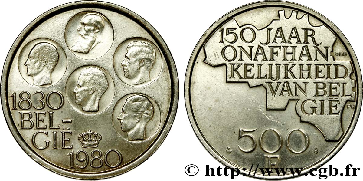 BÉLGICA 500 Francs légende flamande 150e anniversaire de l’indépendance, portrait des 5 rois / carte de Belgique 1980 Bruxelles EBC 