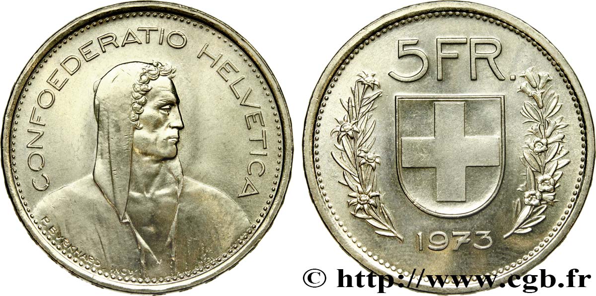 SUISSE 5 Francs Berger des alpes / bouclier suisse 1973 Berne - B SPL 