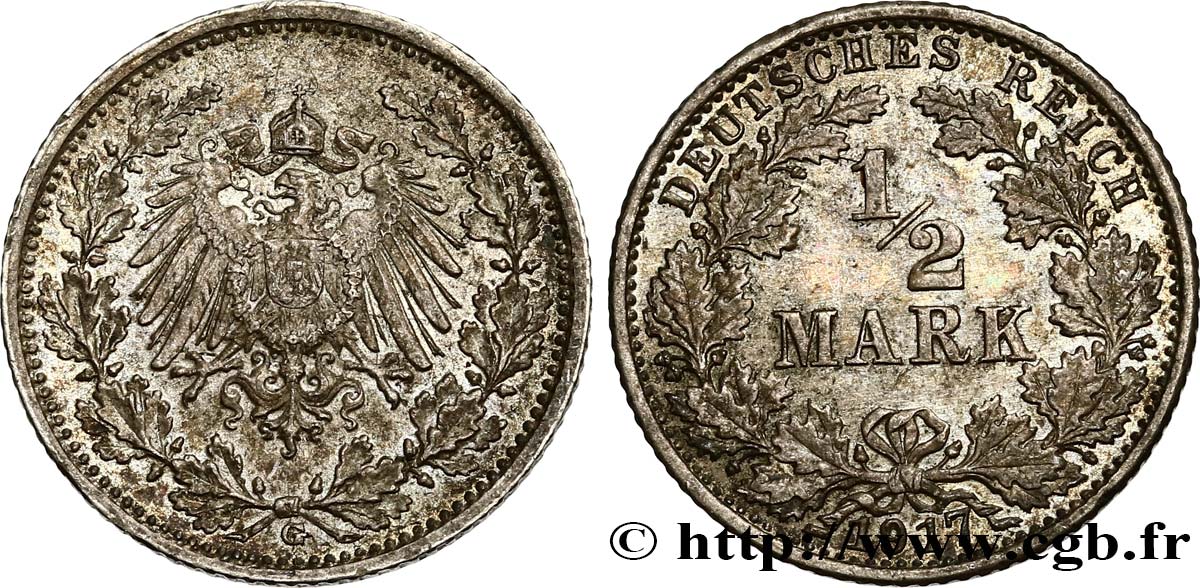 ALLEMAGNE 1/2 Mark Empire aigle impérial 1917 Karlsruhe SUP 