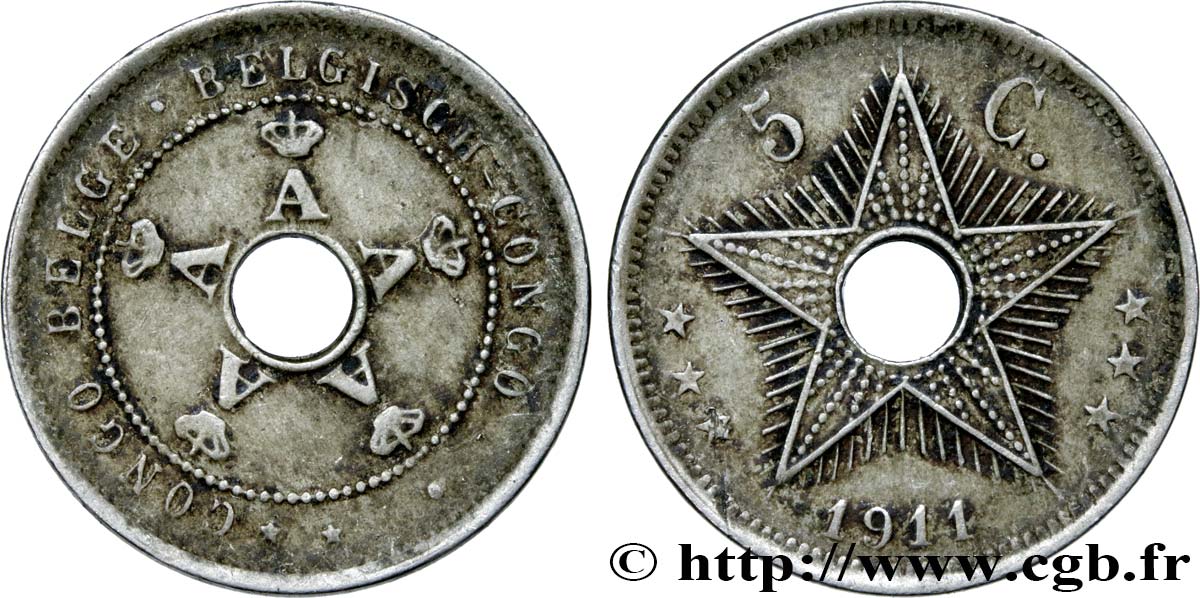 CONGO BELGE 5 Centimes monogrames du roi Albert 1911 Heaton TTB 