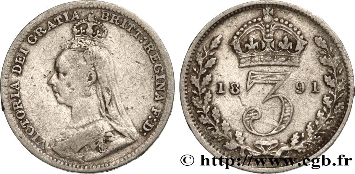 ROYAUME-UNI 3 Pence Victoria buste du jubilé 1891  TB 