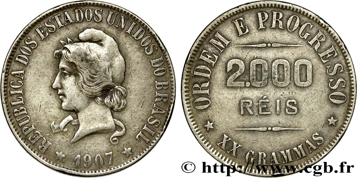 BRAZIL 2000 Reis 1907  XF 