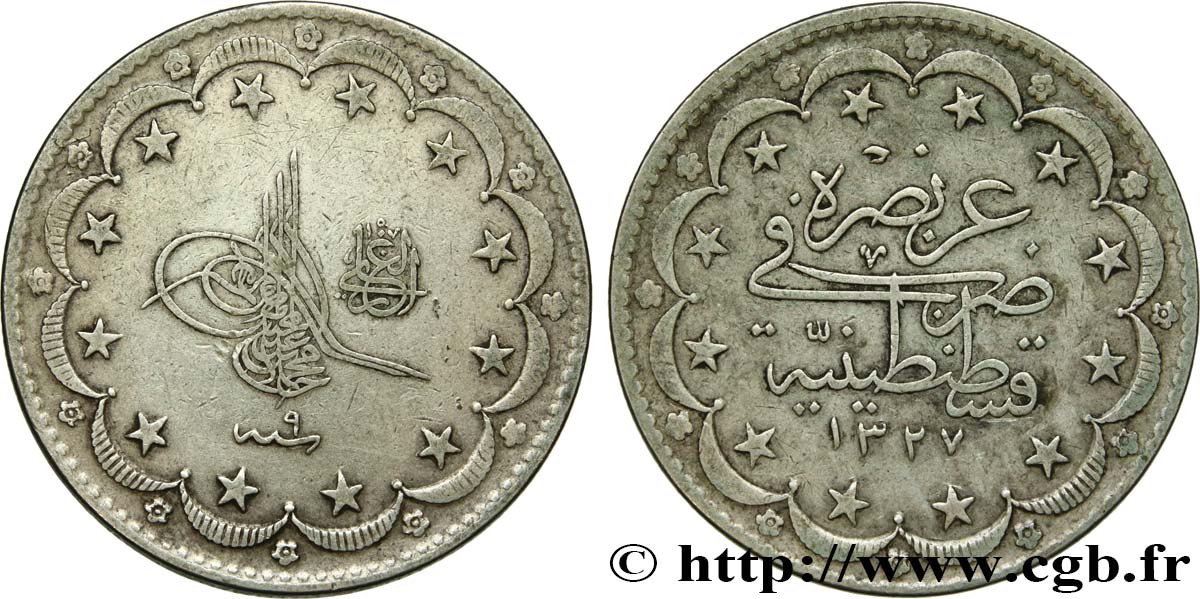 TURQUíA 20 Kurush au nom de Mehmed V Resad AH1327 an 9 1917 Constantinople MBC 