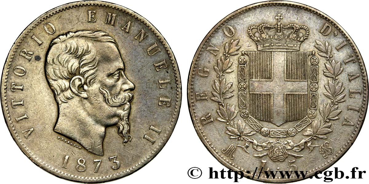 ITALIE 5 Lire Victor Emmanuel II 1873 Milan TTB 