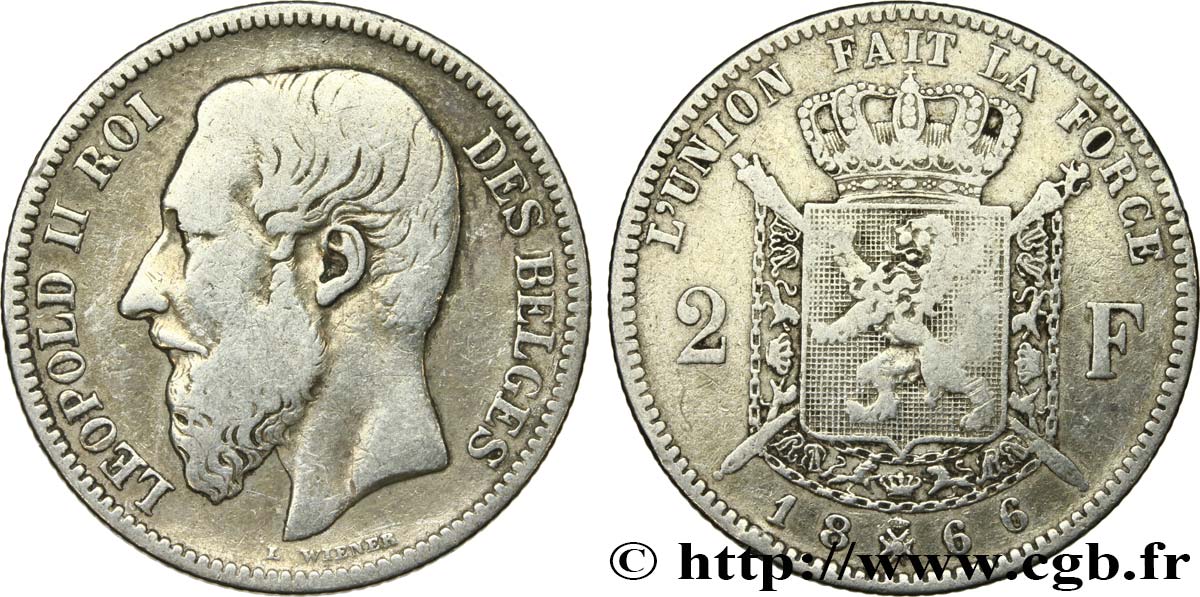 BELGIQUE 2 Francs Léopold II légende française 1866  TB 