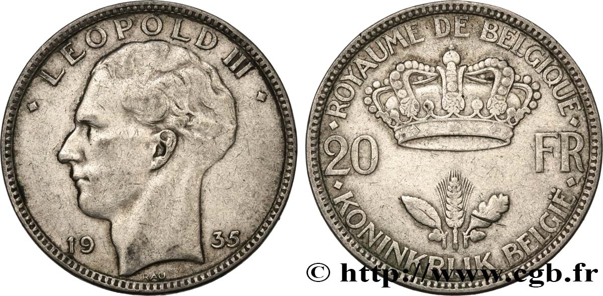 BELGIQUE 20 Francs Léopold III position B 1935  TTB 