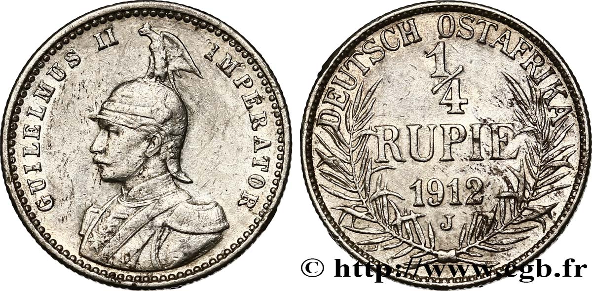 AFRICA ORIENTAL ALEMANA 1/4 Rupie (Roupie) Guillaume II 1912 Hambourg MBC 