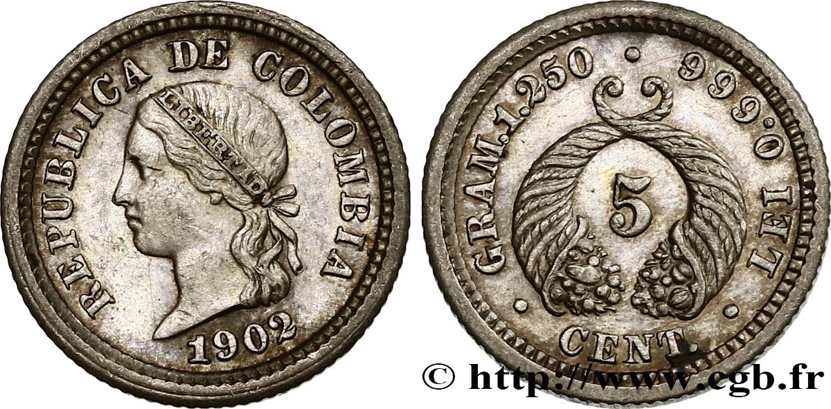 COLOMBIA 5 Centavos 1902  AU 