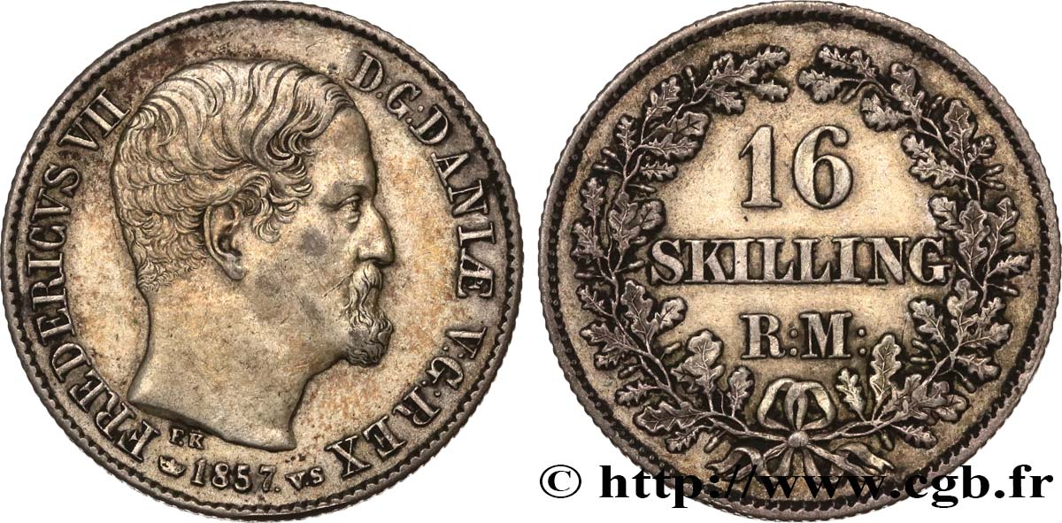 DINAMARCA 16 Skilling Rigsmont Frédéric VII 1857 Copenhague q.BB/BB 