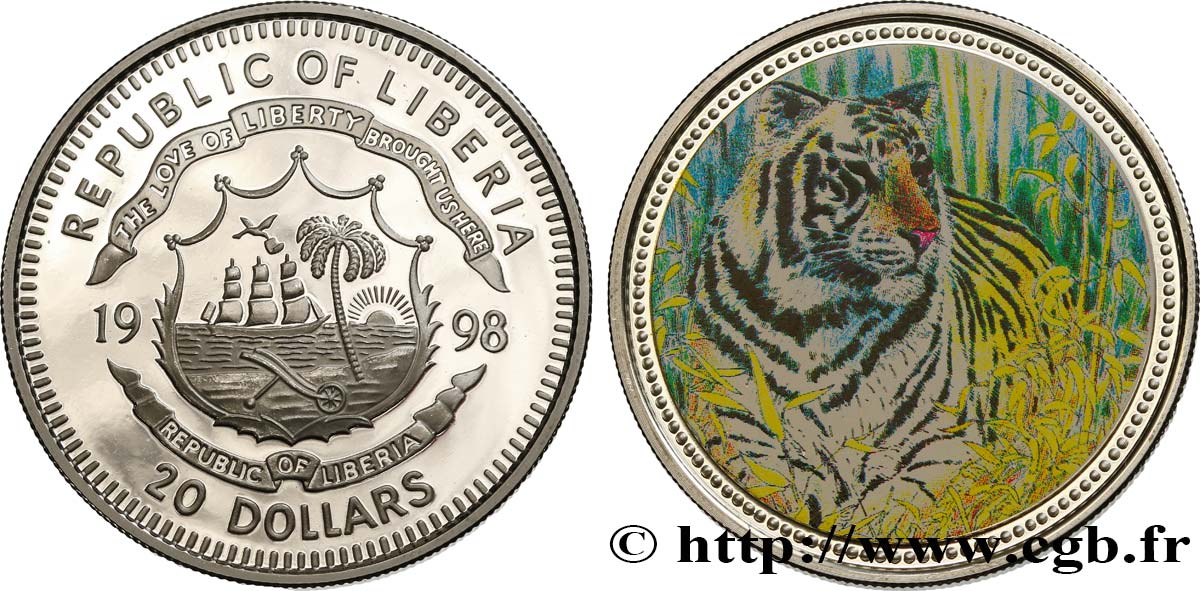 LIBERIA 20 Dollars Proof Tigre 1998  fST 