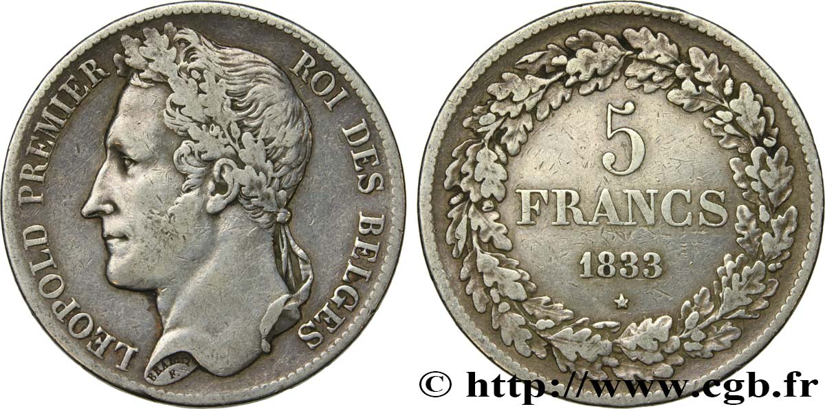 BELGIEN 5 Francs Léopold Ier 1833  SS 