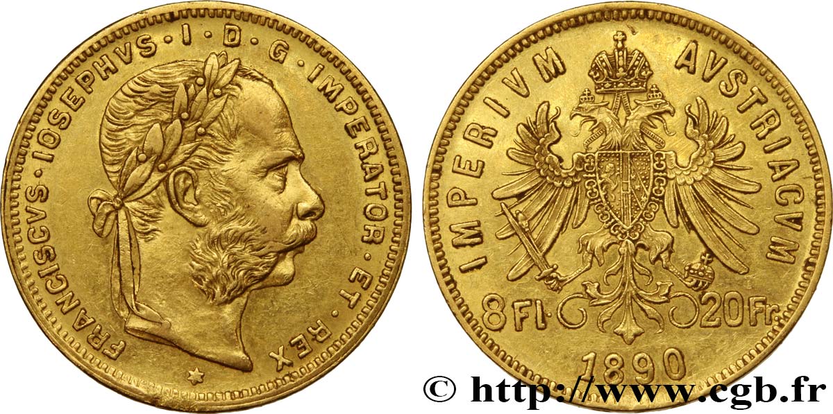 AUSTRIA 8 Florins ou 20 Francs or François-Joseph Ier 1890 Vienne q.SPL 